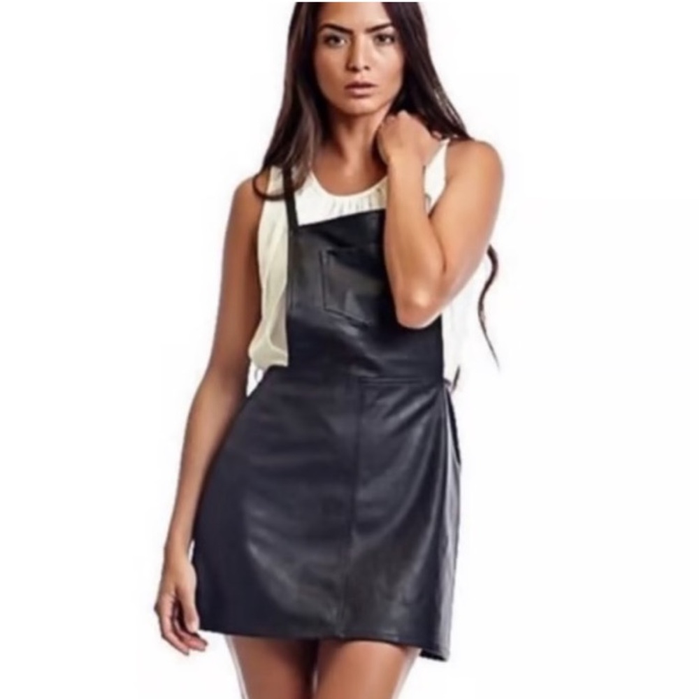 H&M Overalls Dress Black Vegan Leather Short Bib Overall Dress Size 2